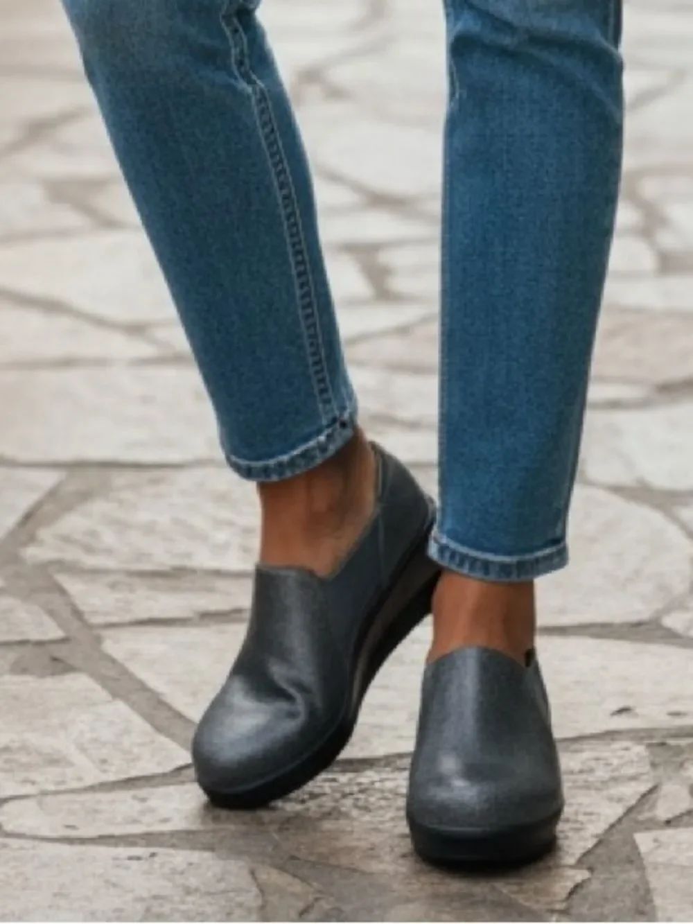 Alegria Leather Slip-On Comfort Loafer in Metallic Gray - Women's